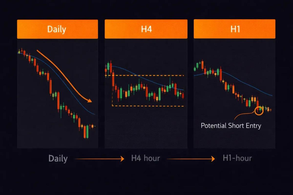 EUR_USD multiple timeframe analysis showing daily downtrend H4 consolidation and H1 short entry setup