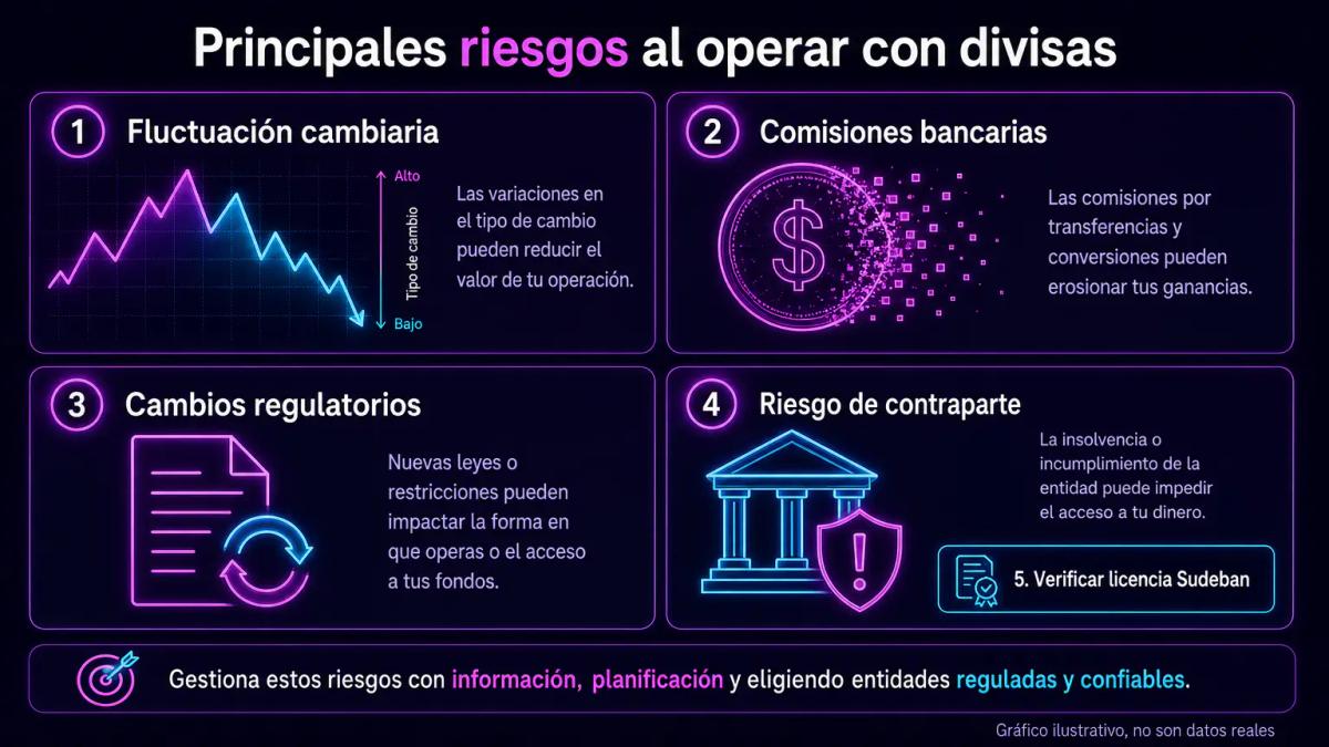 Cuatro riesgos de inversión en dólares: fluctuación cambiaria, comisiones, cambios regulatorios y riesgo de contraparte, cada