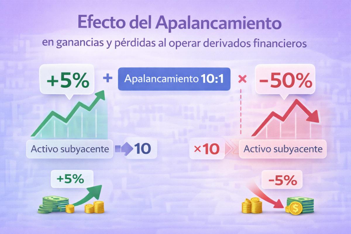 Gráfico que muestra cómo el apalancamiento amplifica resultados en ambas direcciones: movimiento del 5% en el subyacente convertido en ganancia o pérdida del 50% con apalancamiento 10:1