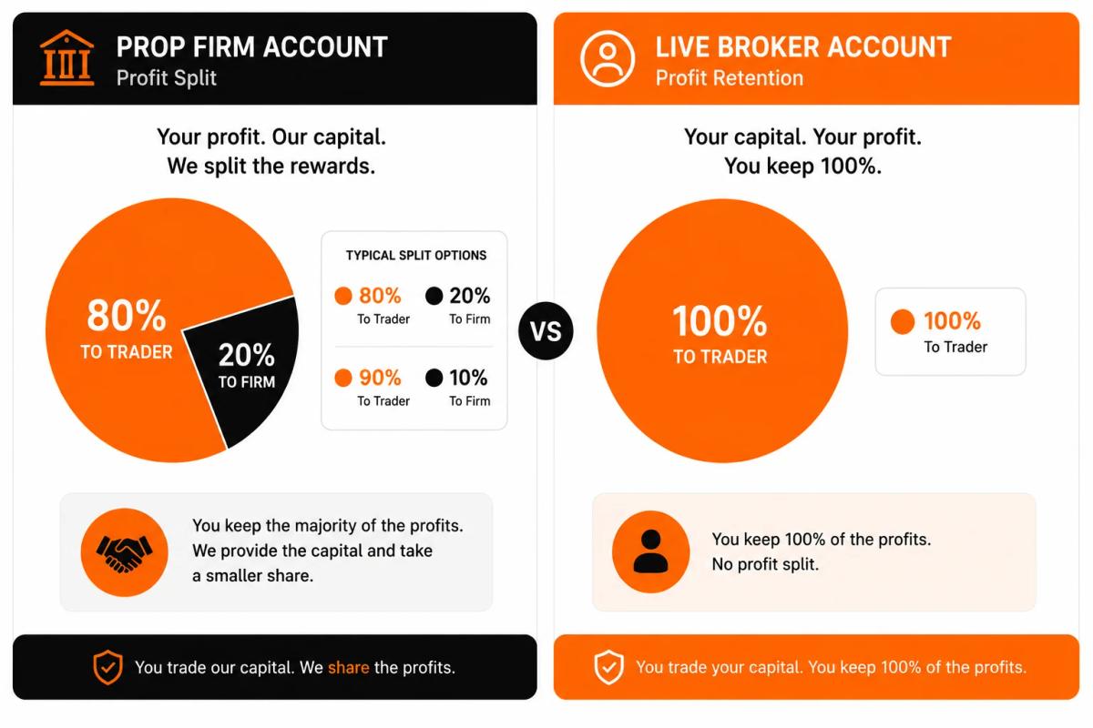 Visual comparison of profit split between a prop firm funded account and full profit retention on a live broker account