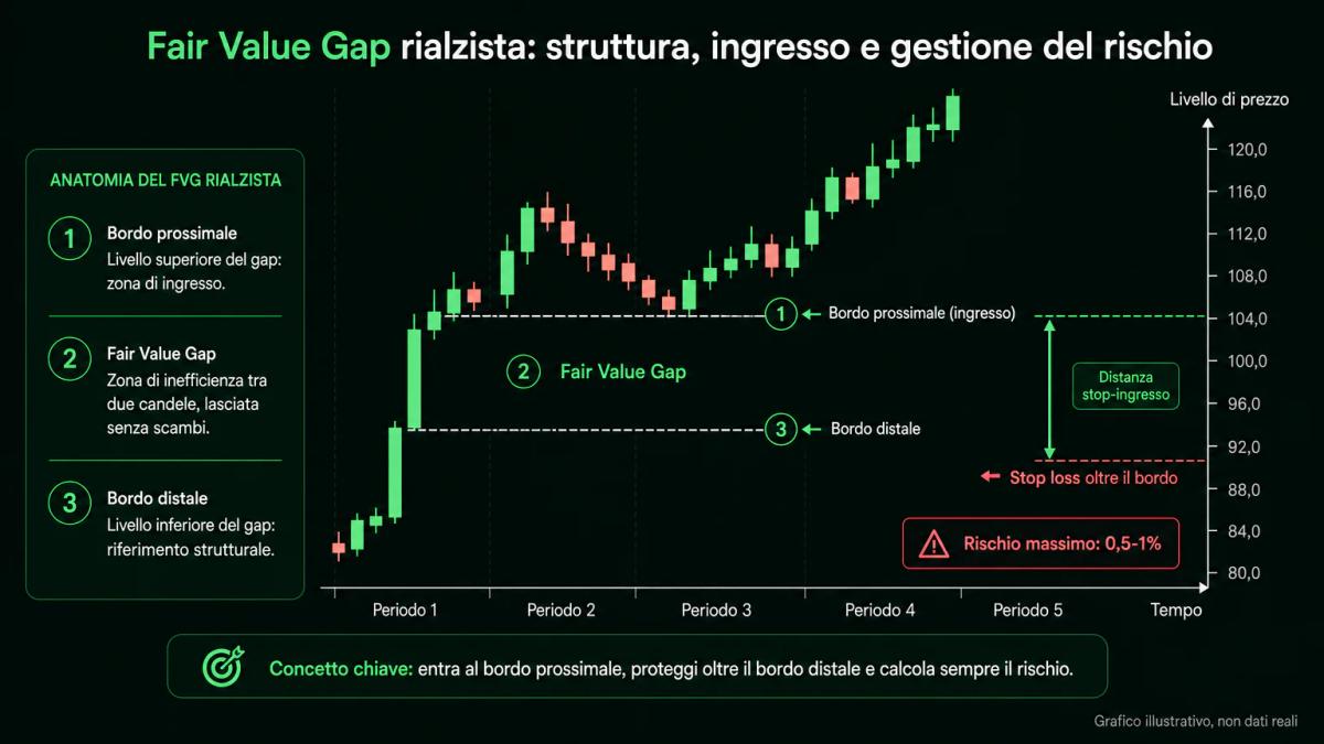 Schema di posizionamento dello stop loss oltre il bordo distale del Fair Value Gap