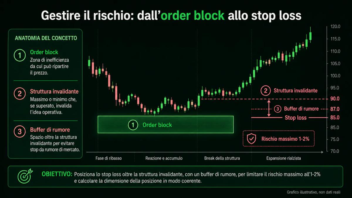 Diagramma di posizionamento dello stop loss oltre la struttura invalidante con buffer di rumore