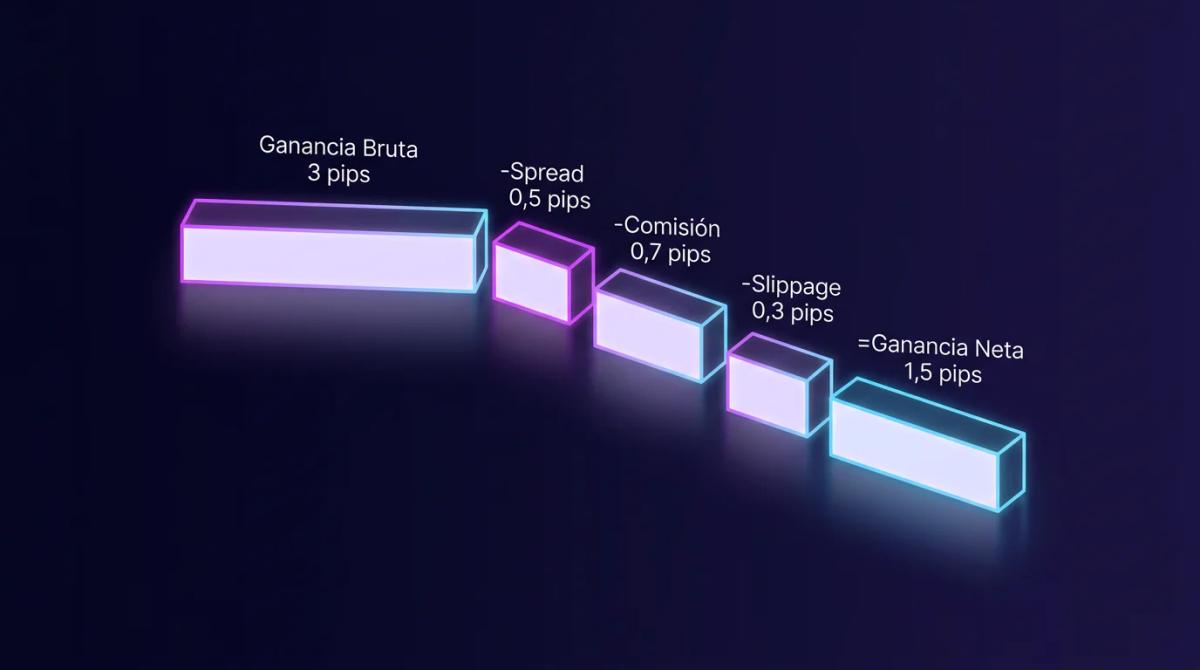 Desglose visual de costos en scalping: spread, comisión y slippage restando de ganancia bruta de 3 pips