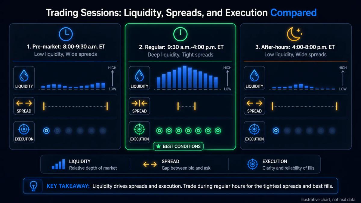 Comparison table showing liquidity, spreads, and execution differences between pre-market, regular, and after-hours sessions
