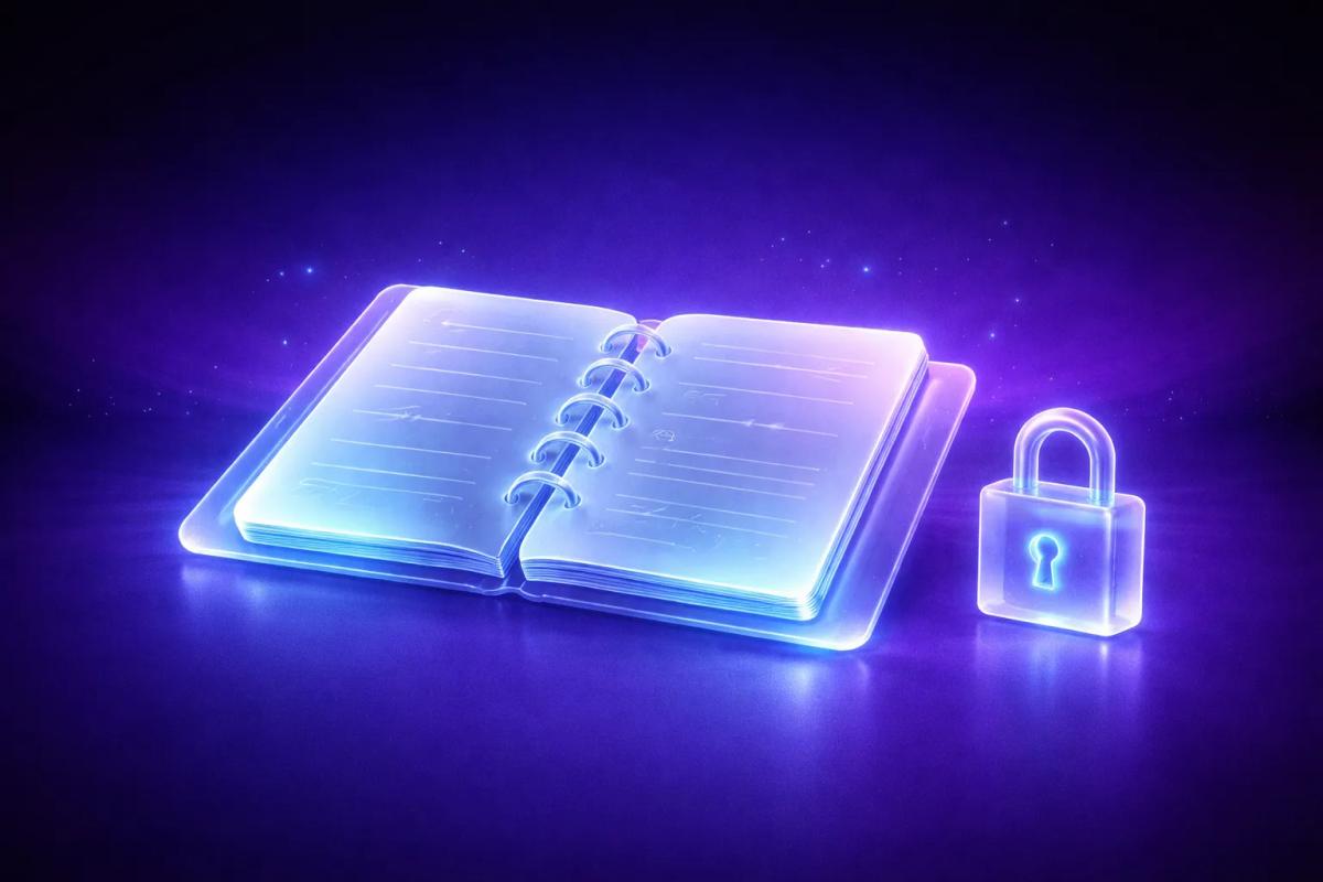 Cuaderno o diario 3D en material vítreo con páginas translúcidas abiertas y un pequeño candado 3D cerrado junto a él, sobre superficie reflectante oscura con iluminación azul eléctrico y cian