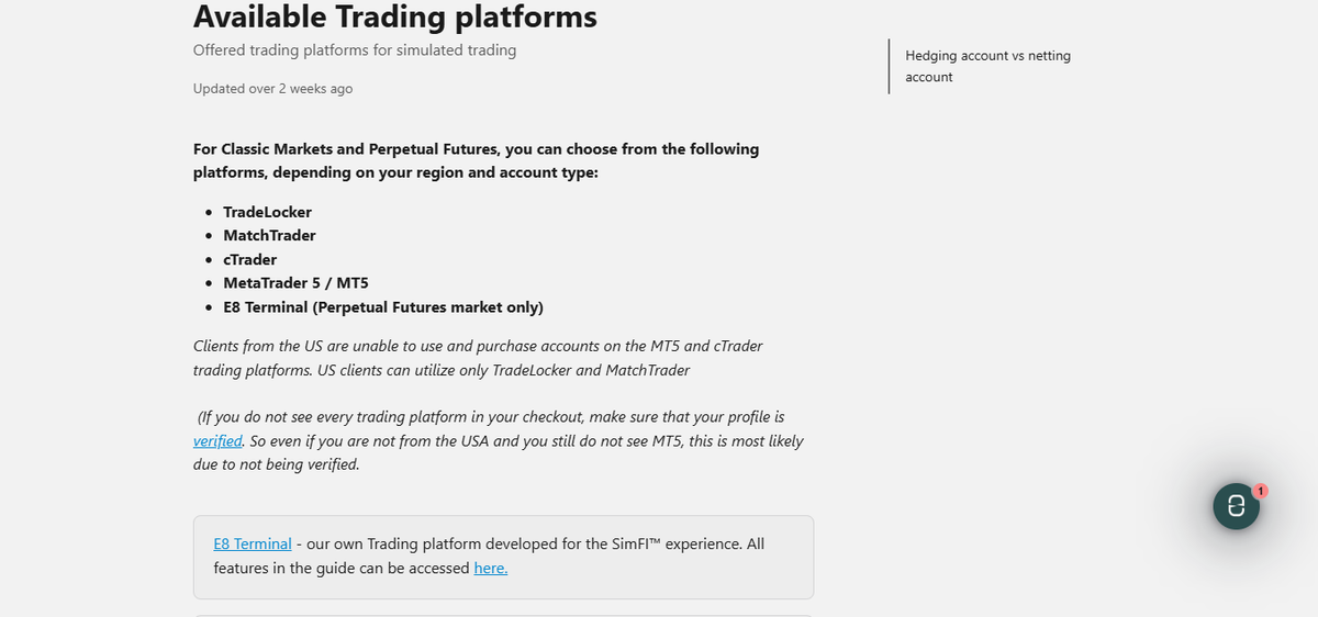 Trading conditions page listing platforms, instruments, spreads and trading hours