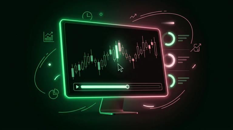 Schermata di backtesting con grafico storico e replay bar-by-bar in corso
