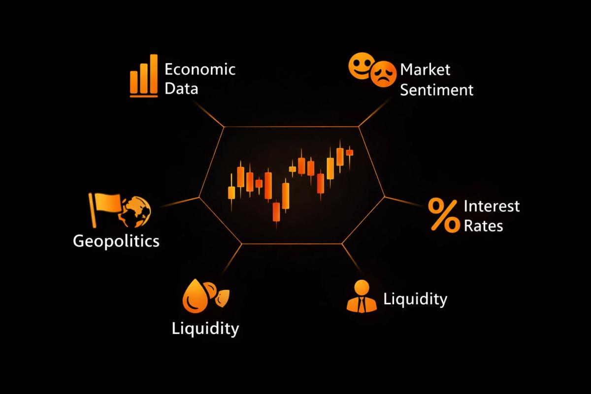Diagram showing five key factors that affect trading prices_ economic data market sentiment interest rates geopolitical events and liquidity