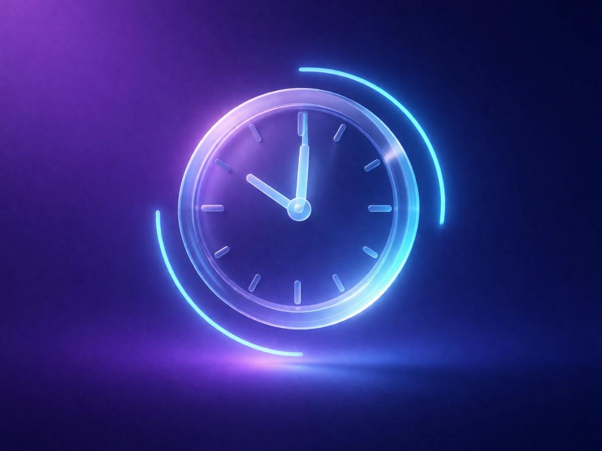 Reloj 3D con materiales translúcidos y dos arcos de luz representando rutina mínima y completa, fondo púrpura-azul