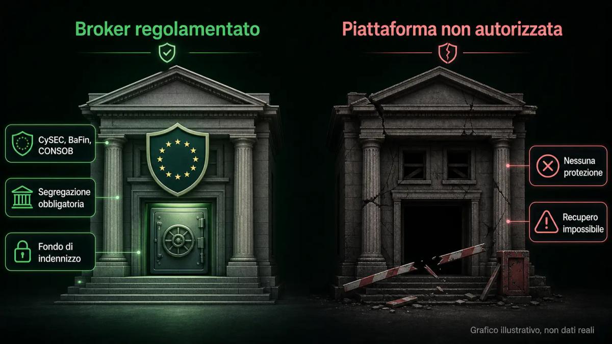 Confronto visivo tra broker regolamentato con scudo di protezione e piattaforma non autorizzata senza garanzie