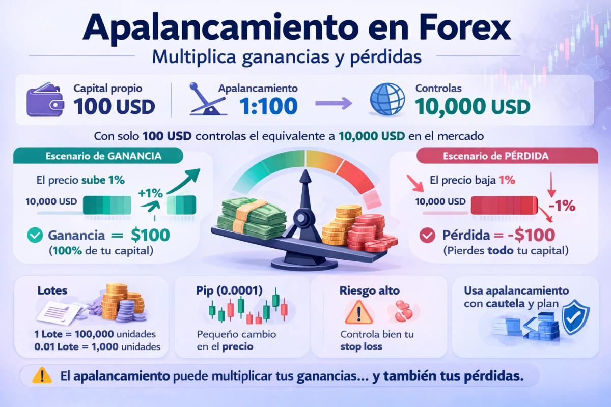 Infografía de apalancamiento mostrando cómo multiplica ganancias y pérdidas