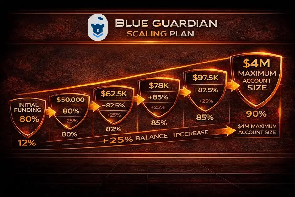 Blue Guardian scaling plan diagram showing progression from initial funding to 4 million maximum account size