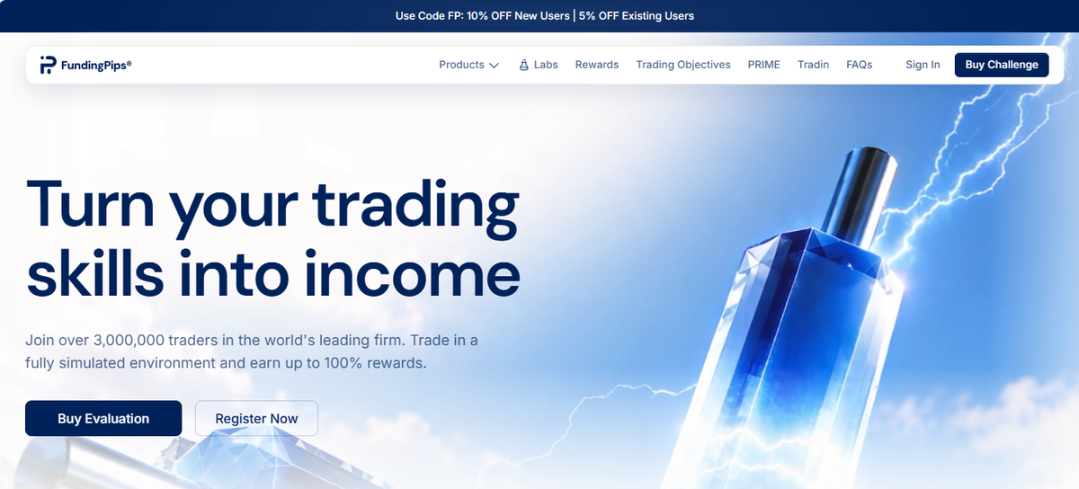 FundingPips homepage hero with evaluation programs and Get Funded call-to-action