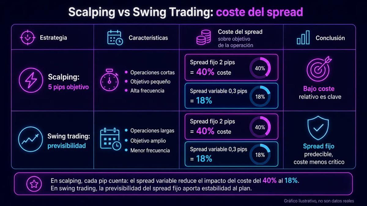 Tabla comparativa de estrategias de trading con duración, spread recomendado y coste en pips