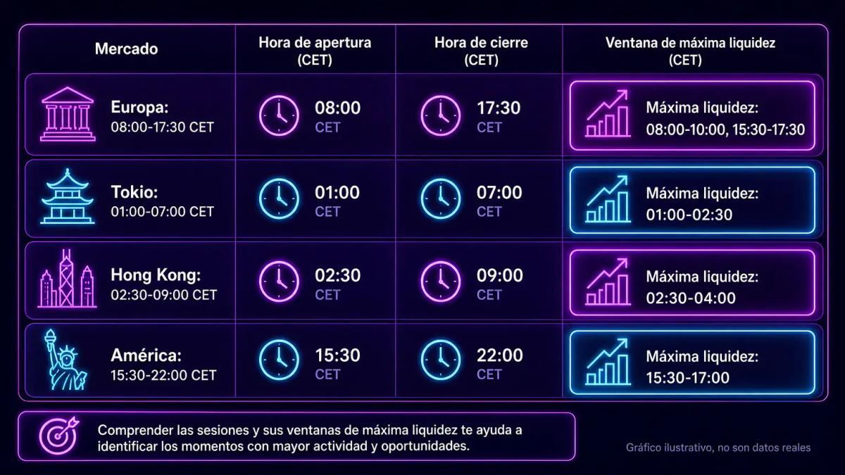 Tabla comparativa de horarios de apertura y cierre de cuatro mercados principales con ventanas de liquidez