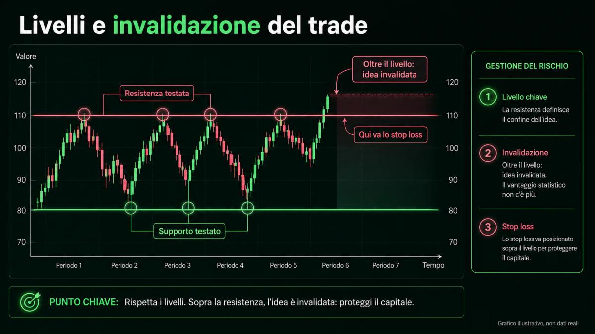 Grafico illustrativo di supporto e resistenza testati piu volte, con il livello di invalidazione dove porre lo stop loss