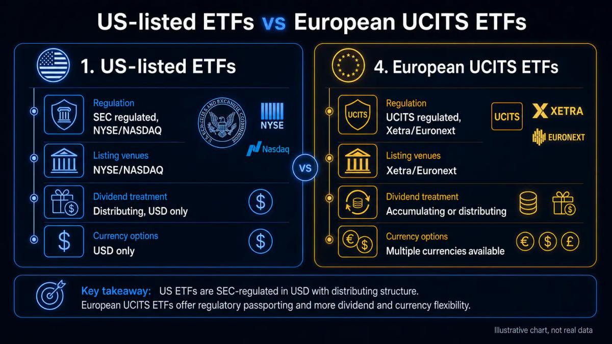 Comparison table showing US-listed ETF traits versus European UCITS ETF traits in two columns