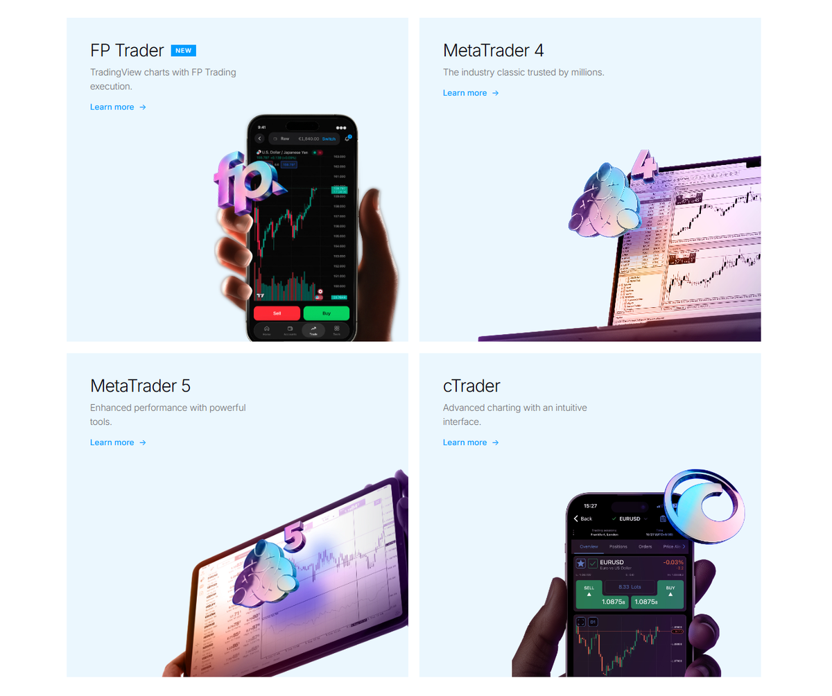 Platforms page with MT4, MT5, cTrader and FP Trader download options