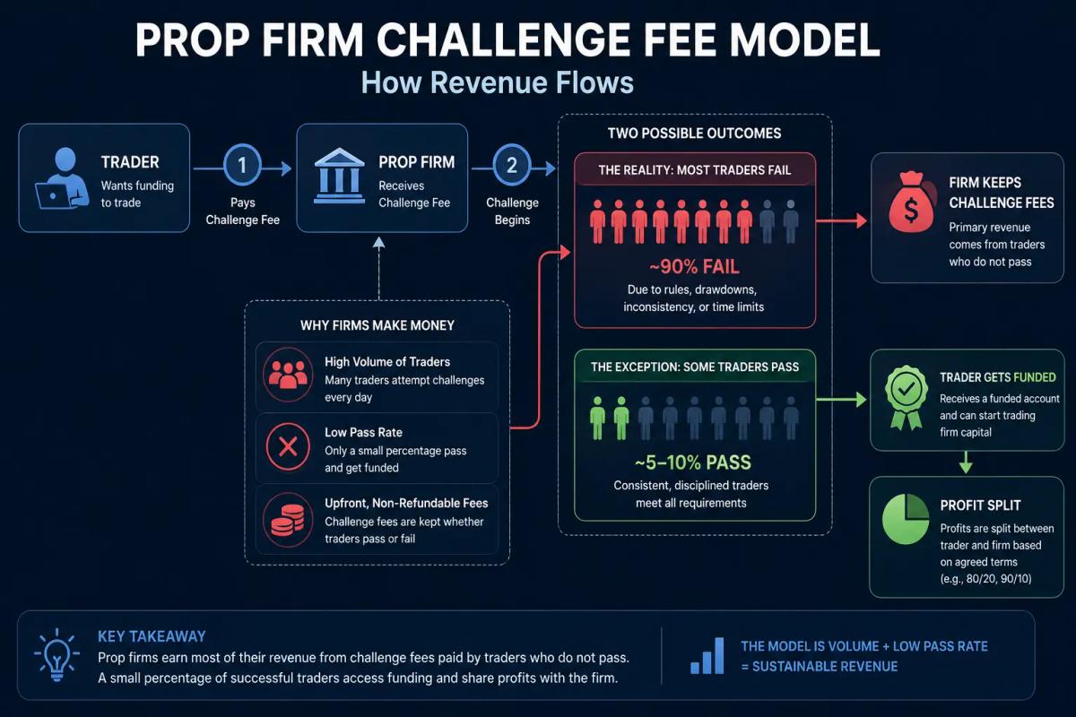 How prop firm challenge fee model works - revenue flow diagram