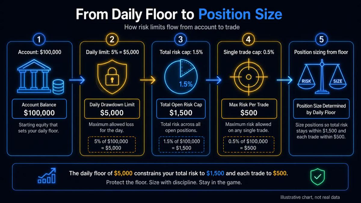Position sizing calculation: account balance, daily drawdown limit, and risk per trade formula