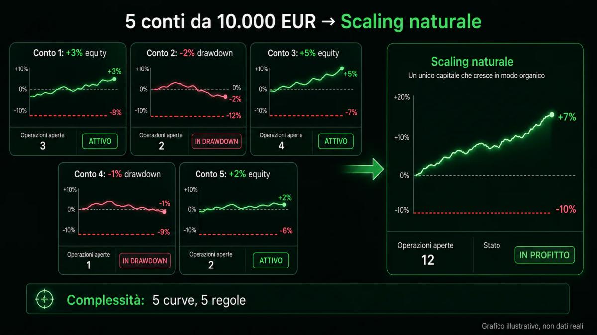 Cinque finestre di conto separate che mostrano equity curve, drawdown e regole indipendenti per ogni account