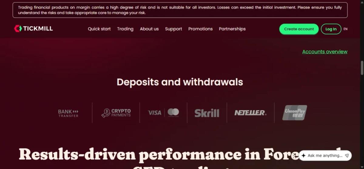 Tickmill deposit methods including bank wire credit cards e-wallets and crypto