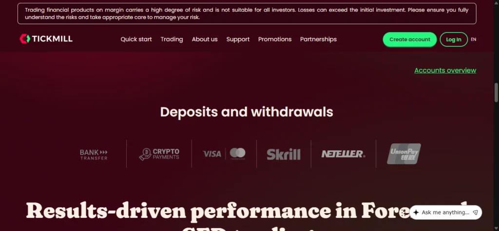 Tickmill deposit methods including bank wire credit cards e-wallets and crypto