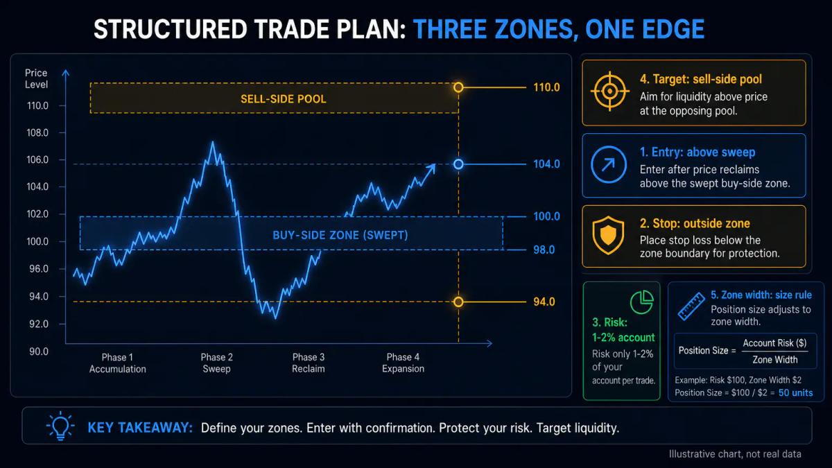 Table or infographic showing buy-side sweep entry setup with entry price, stop loss placement beyond the zone, and target at