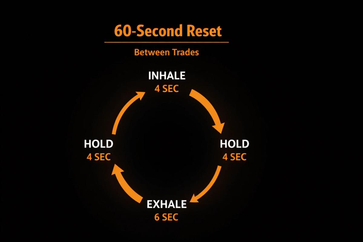 Circular breathing diagram showing the 4-4-6 breathing pattern for the 60-second trading reset technique