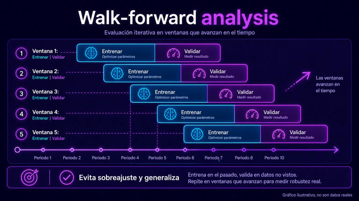 Diagrama de walk-forward analysis mostrando ventanas de entrenamiento y validación en serie temporal