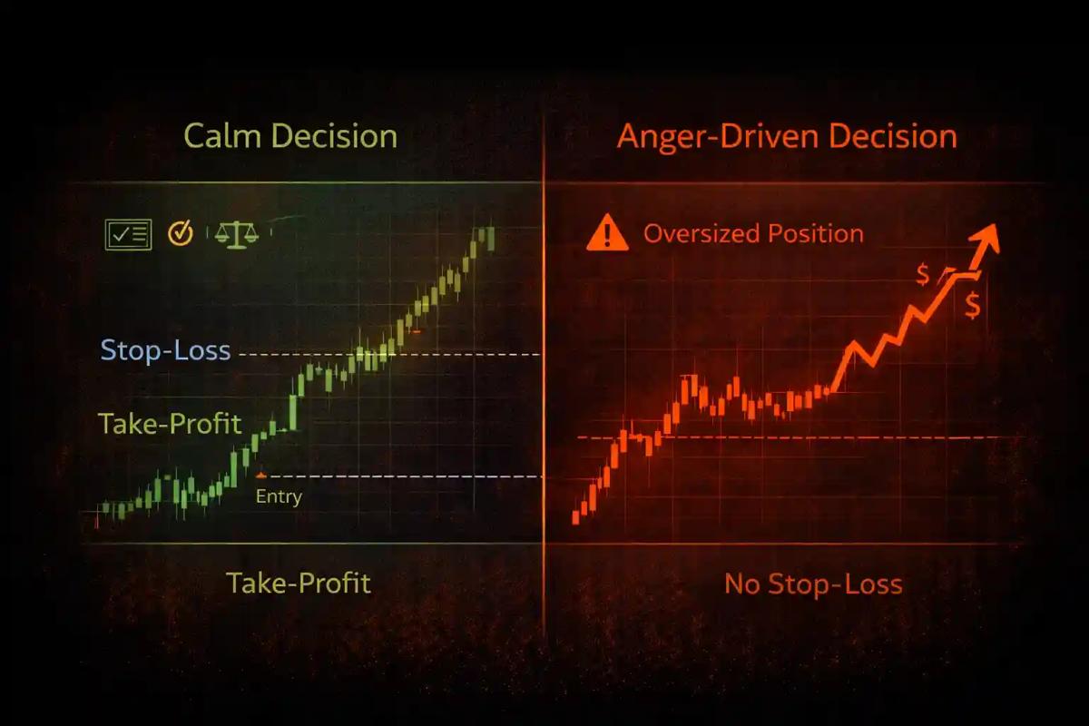 Side-by-side comparison of calm trading decision with stop-loss versus anger-driven oversized position
