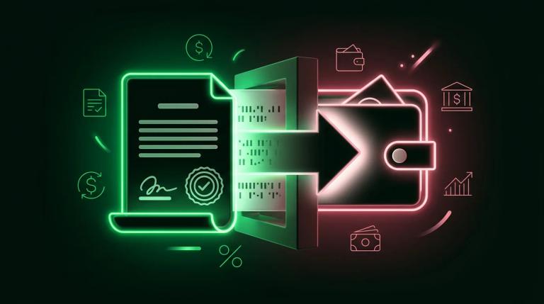 Documento con timbro di verifica e traccia di trasferimento bancario da conto di trading a portafoglio personale