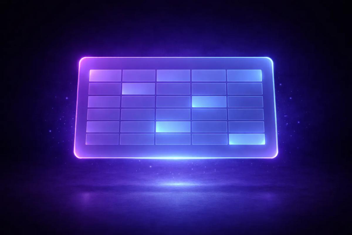 Hoja o cuadrícula 3D translúcida estilo spreadsheet flotando sobre fondo azul marino profundo con iluminación cian en los bordes
