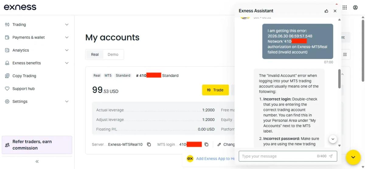 The Exness Assistant AI chat answering a specific MT5 login error with a generic checklist