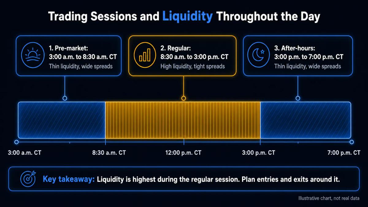 Extended trading hours diagram showing pre-market from 3:00 a.m. CT, regular session, and after-hours to 7:00 p.m. CT