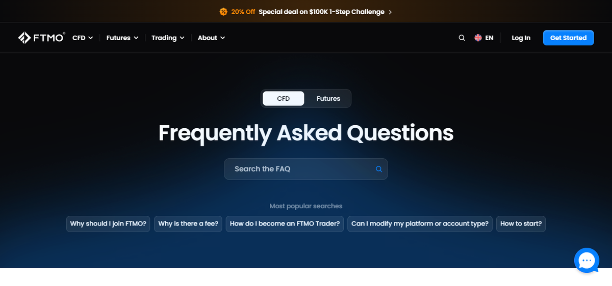 FTMO Help Center with searchable FAQs and contact options