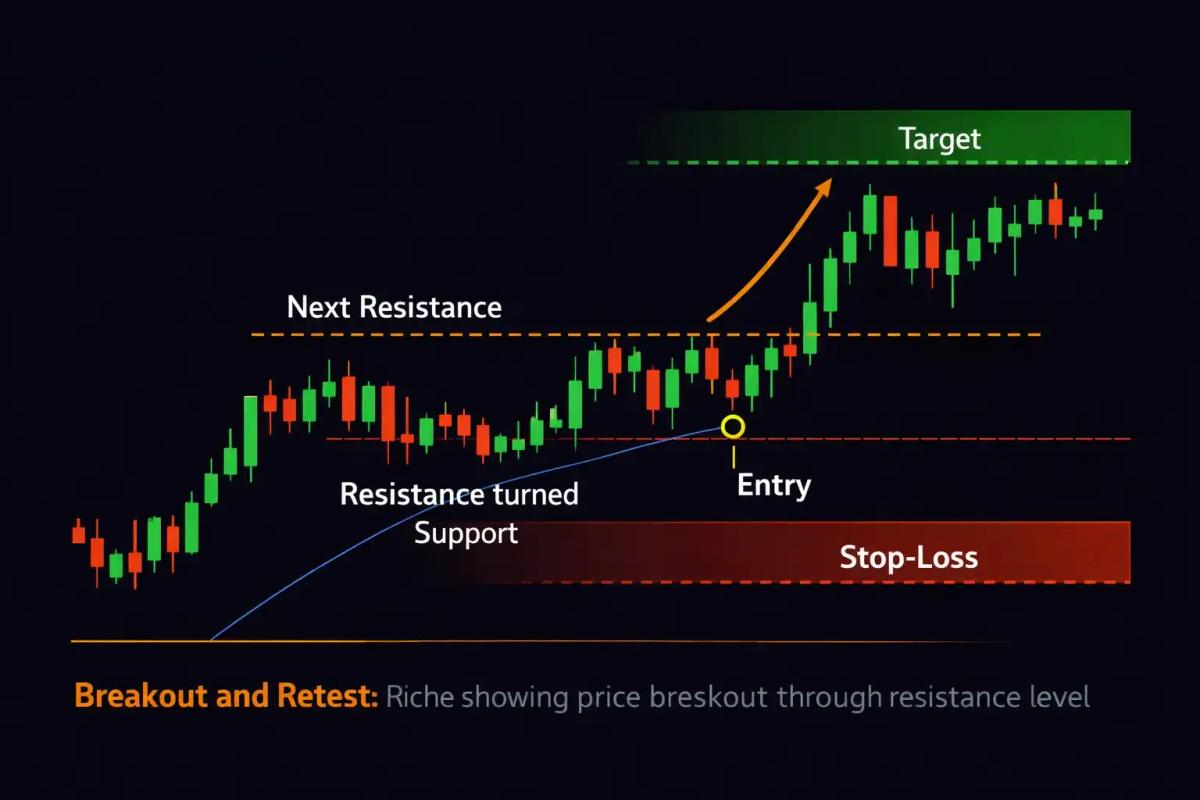 Chart showing price breakout through resistance level retest as support and continuation with entry and stop-loss marked