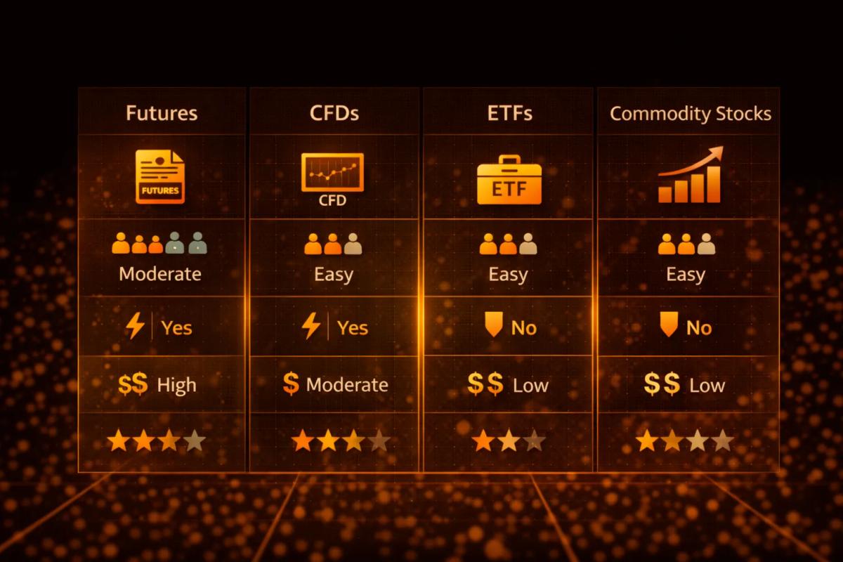 Comparison infographic of commodity trading methods showing futures, CFDs, ETFs, and commodity stocks with accessibility, leverage, capital, and complexity ratings