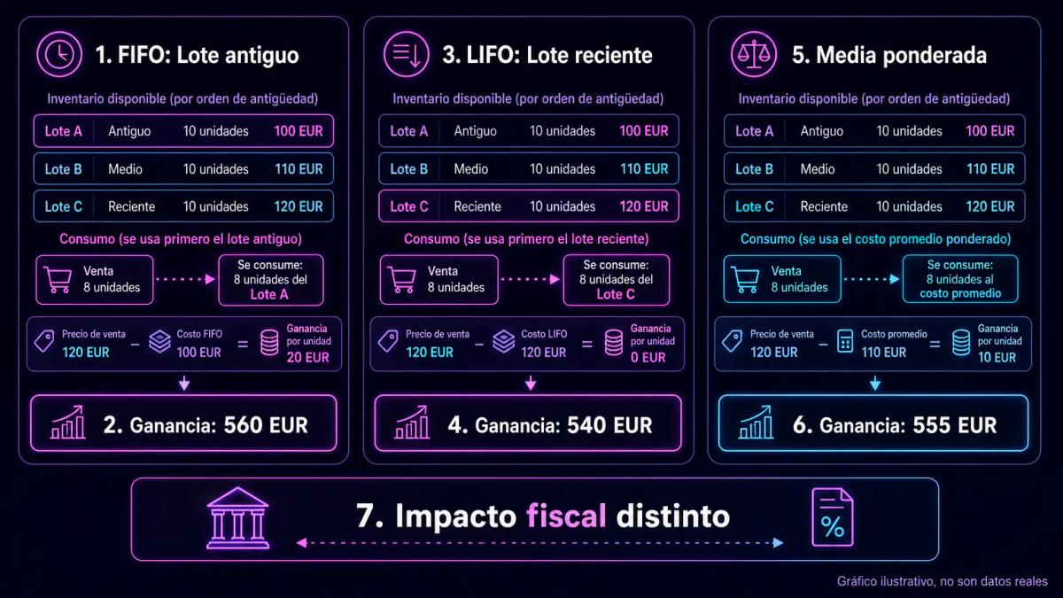 Tabla comparativa de tres métodos: FIFO, LIFO y precio medio ponderado, mostrando qué lote se consume primero y la ganancia r