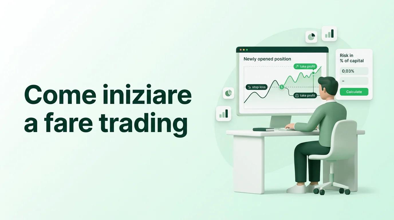 Trader principiante davanti a una piattaforma di trading con grafici e ordini aperti
