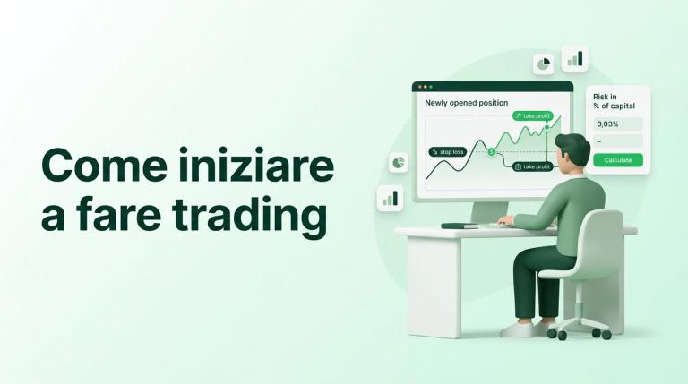 Trader principiante davanti a una piattaforma di trading con grafici e ordini aperti