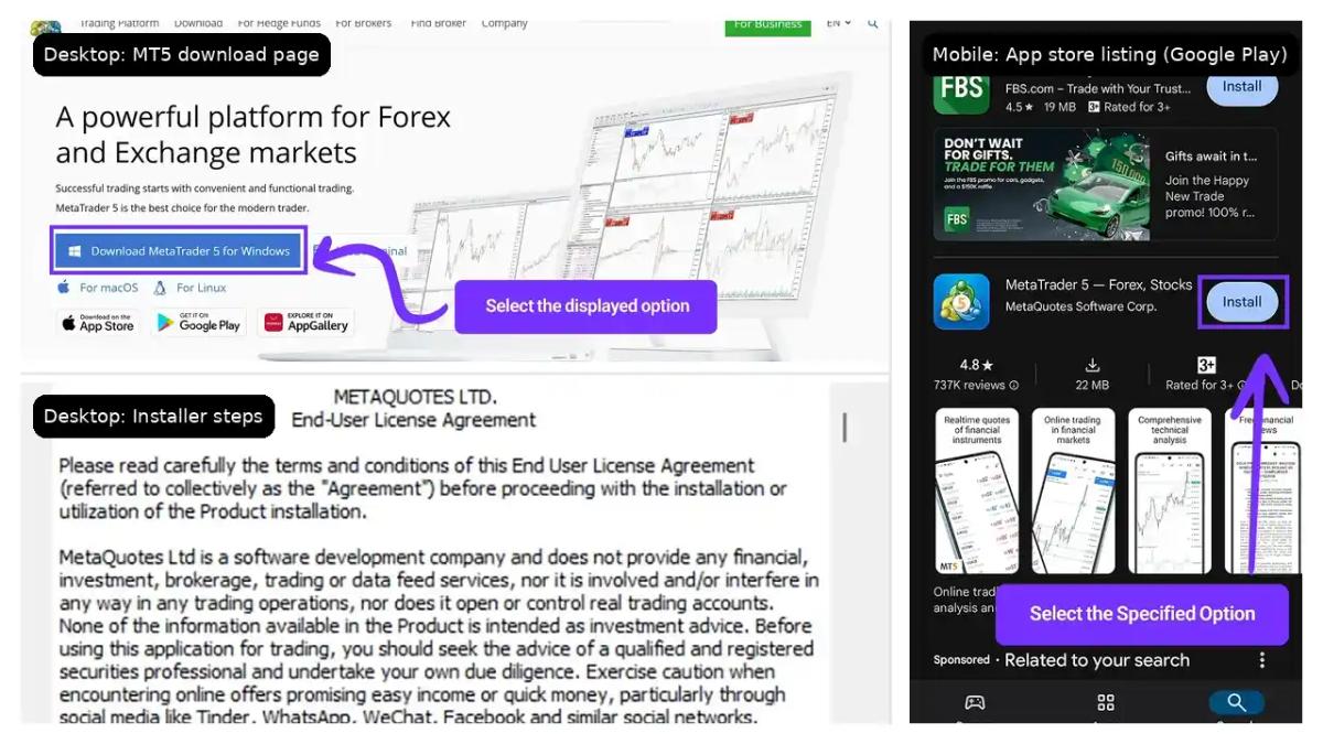 MetaTrader 5 download page and installation steps on desktop alongside mobile app store listing