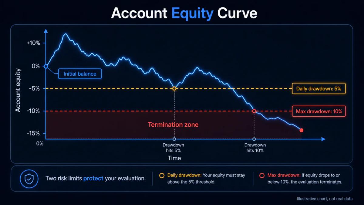 Account equity curve showing daily drawdown limit and maximum drawdown limit with annotations