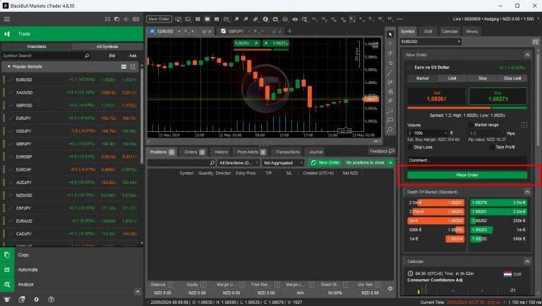 Plataforma cTrader de BlackBull Markets con gráficos de trading y herramientas de análisis técnico