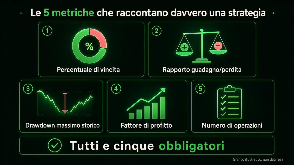 Cinque metriche di valutazione del track record disposte in una griglia: percentuale di vincita, rapporto guadagno/perdita, d
