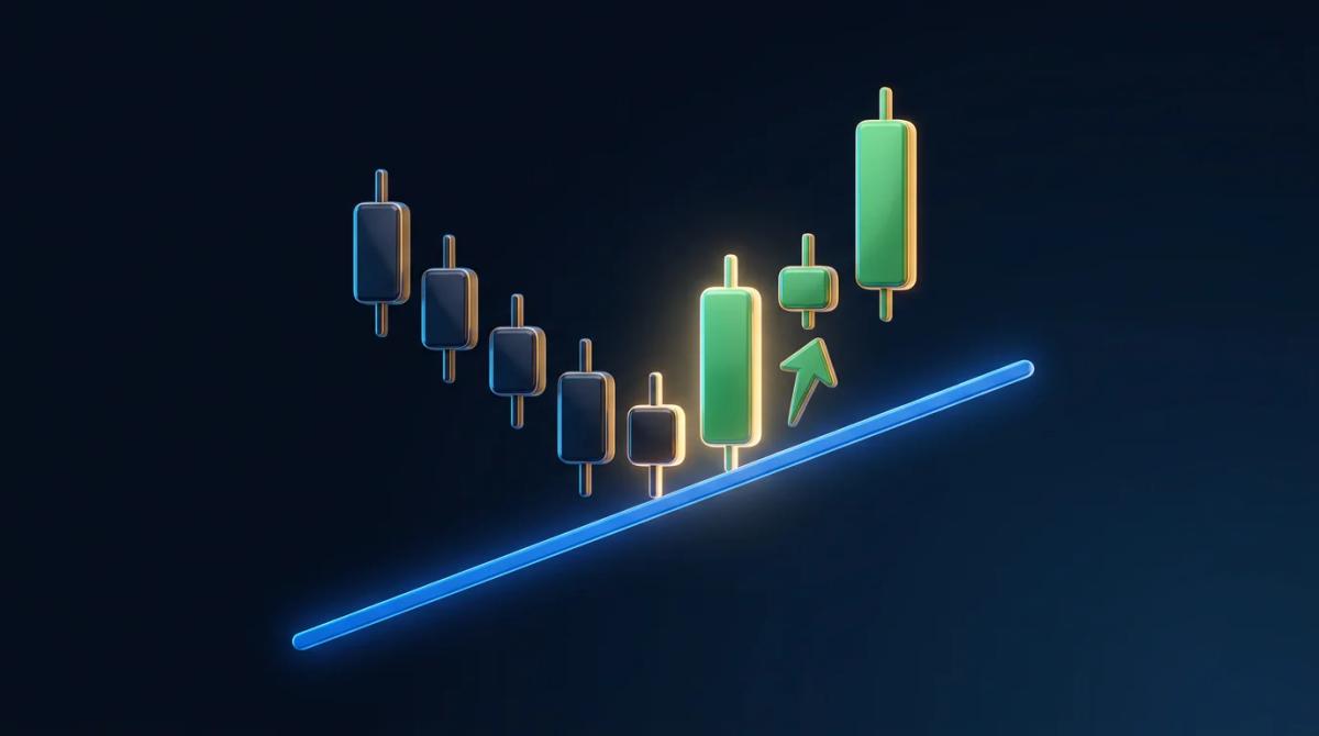Price touching uptrend trendline with bullish engulfing confirmation candle and entry arrow