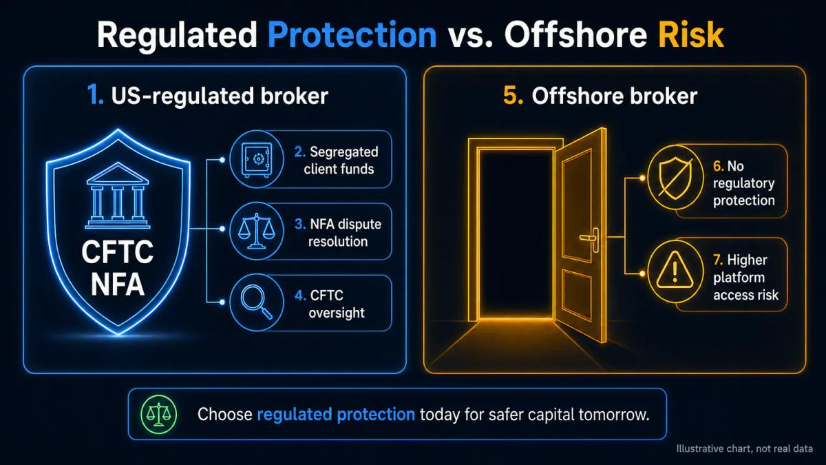 Risk comparison: US-regulated broker with CFTC protections versus offshore broker without NFA oversight