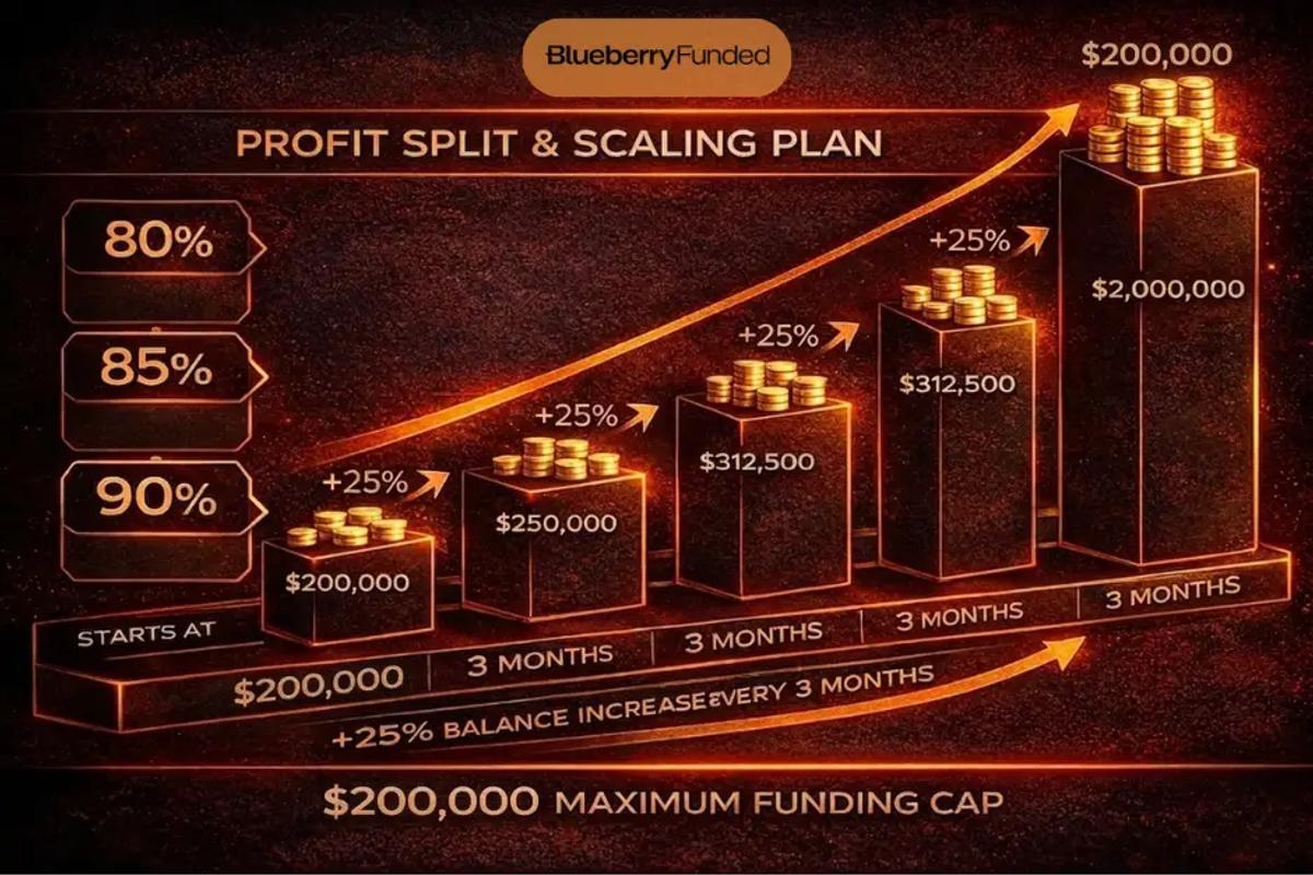 Blueberry Funded challenge progression infographic showing evaluation phases, profit targets, and drawdown limits