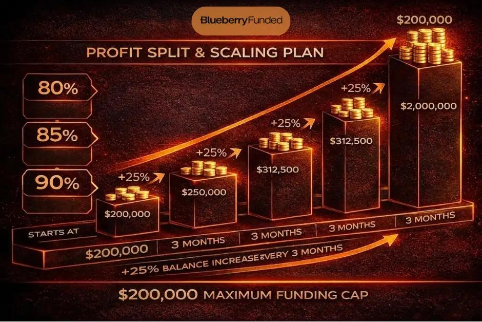 Blueberry Funded challenge progression infographic showing evaluation phases, profit targets, and drawdown limits