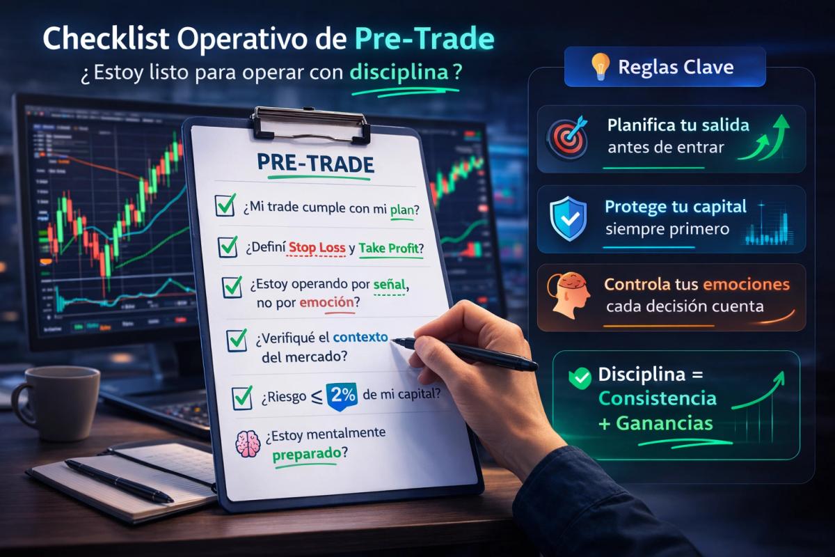 Ejemplo de checklist operativo de pre-trade con ítems como "¿Mi trade cumple con mi plan?", "¿Definí stop loss?", "¿Estoy operando por señal?"
